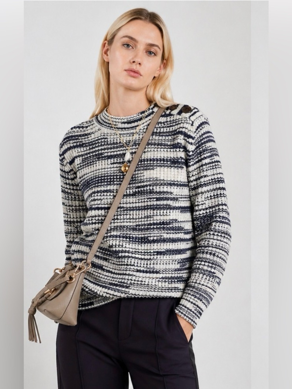 See by Chloé Button Shoulder Knit Sweater Navy Cream Space Dye Medium
